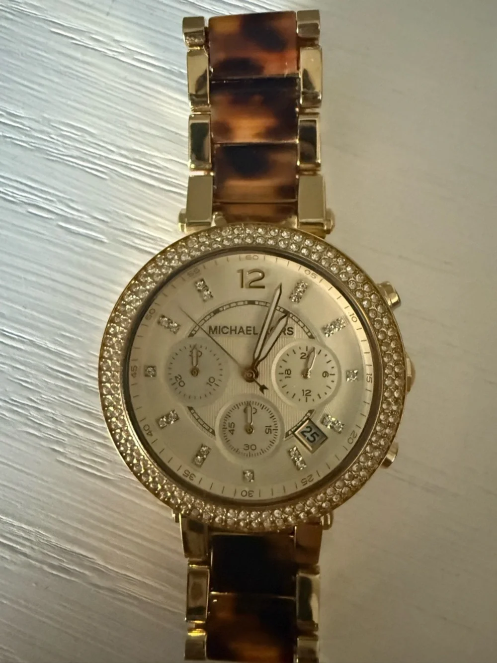 Michael Kors Gold Watch with Tortoiseshell Links and Crystal Bezel - Picture 3 of 4